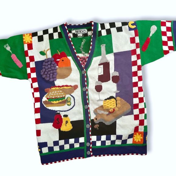 🔥insane🔥 Vintage Colorful BETEKZ 3/4 Sleeved Cardigan Picnic Themed - Picture 6 of 15